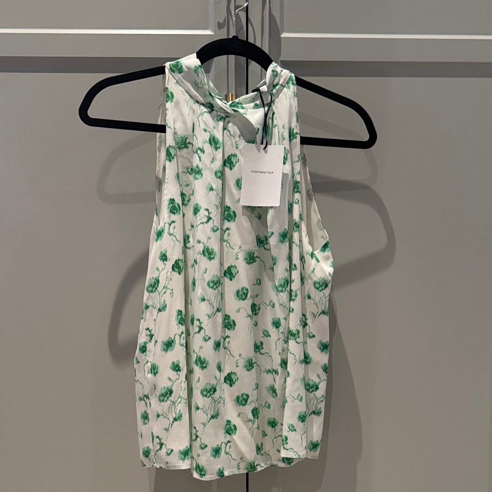 LK Bennett White Halter Blouse with Green Floral Print